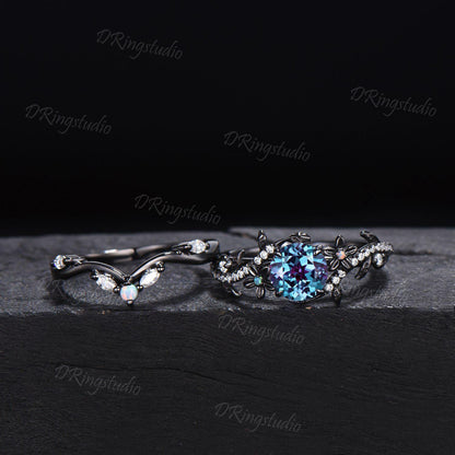 Black Gold Floral Wedding Ring Set Nature Inspired Round Alexandrite Engagement Ring Twist Leaf Moissanite Cluster Bridal Set Proposal Gift