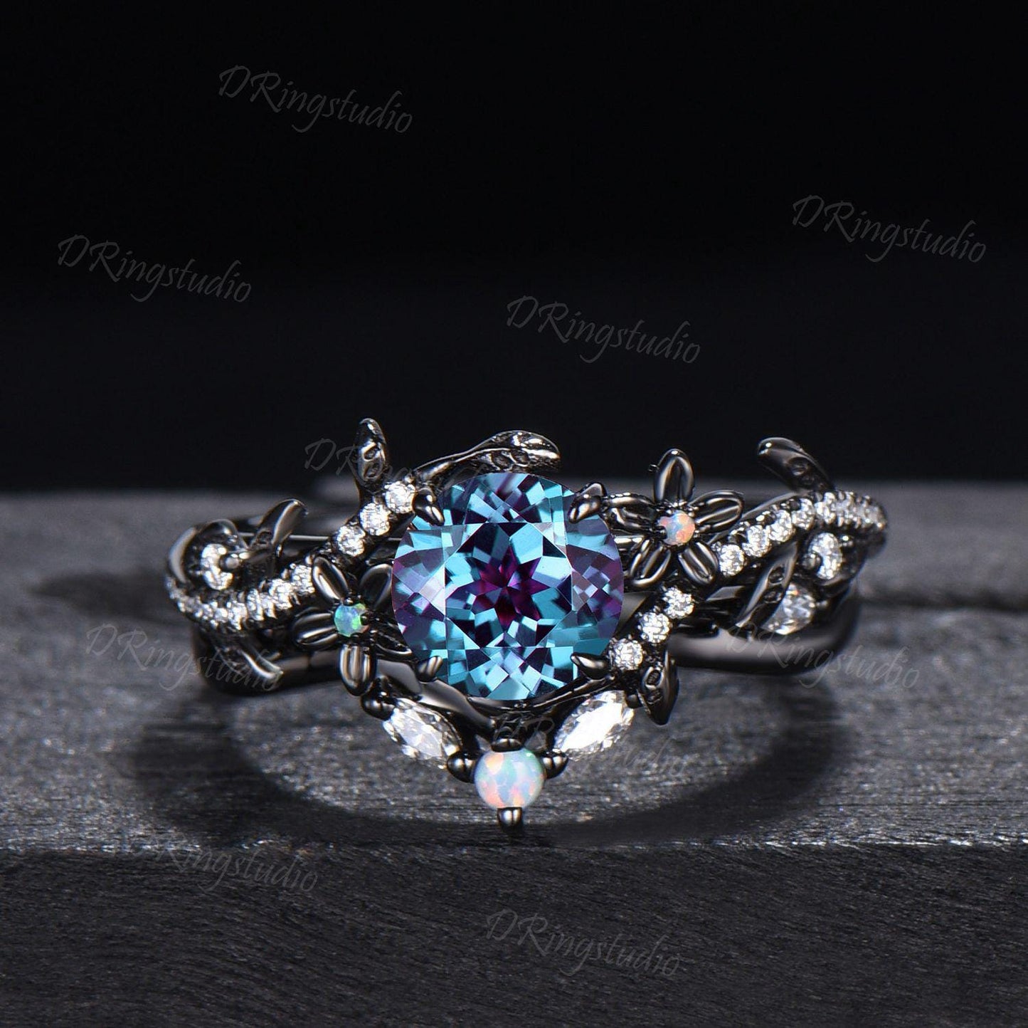 Black Gold Floral Wedding Ring Set Nature Inspired Round Alexandrite Engagement Ring Twist Leaf Moissanite Cluster Bridal Set Proposal Gift