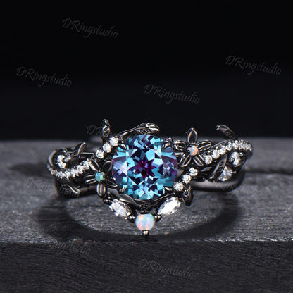Black Gold Floral Wedding Ring Set Nature Inspired Round Alexandrite Engagement Ring Twist Leaf Moissanite Cluster Bridal Set Proposal Gift