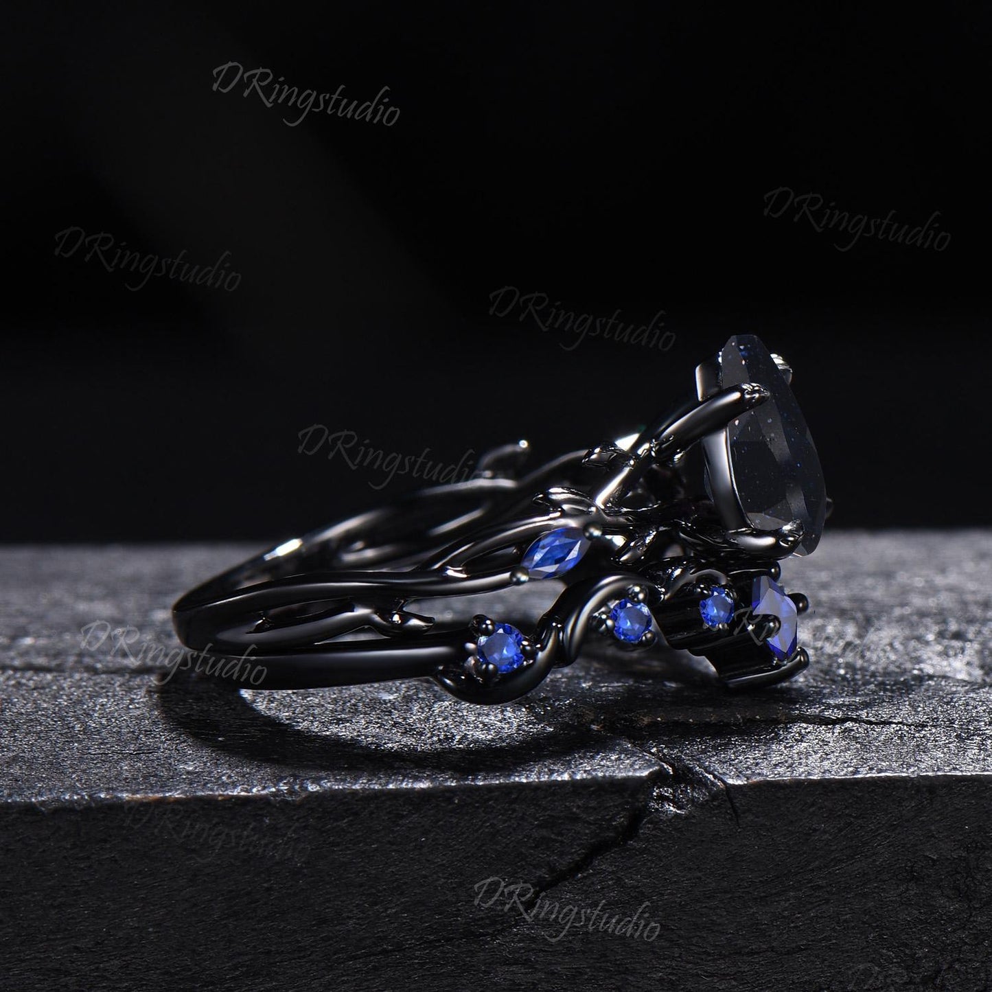 Black Gold Moon Galaxy Nebula Ring Gothic Black Leaf Vine Blue Sandstone Engagement Ring Set Cluster Blue Sapphire Promise Wedding Ring Gift