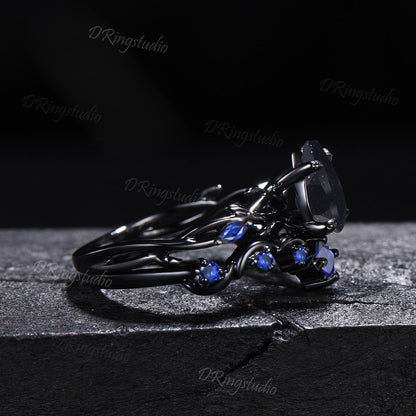 Black Gold Moon Galaxy Nebula Ring Gothic Black Leaf Vine Blue Sandstone Engagement Ring Set Cluster Blue Sapphire Promise Wedding Ring Gift