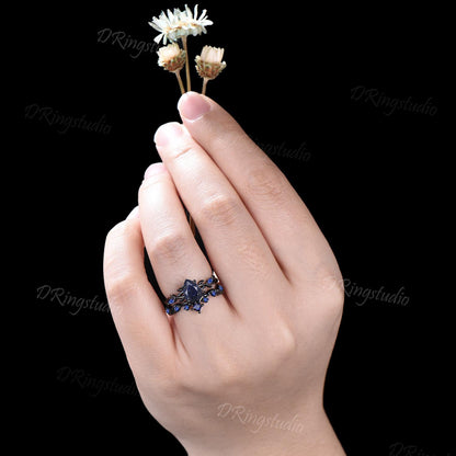 Black Gold Moon Galaxy Nebula Ring Gothic Black Leaf Vine Blue Sandstone Engagement Ring Set Cluster Blue Sapphire Promise Wedding Ring Gift