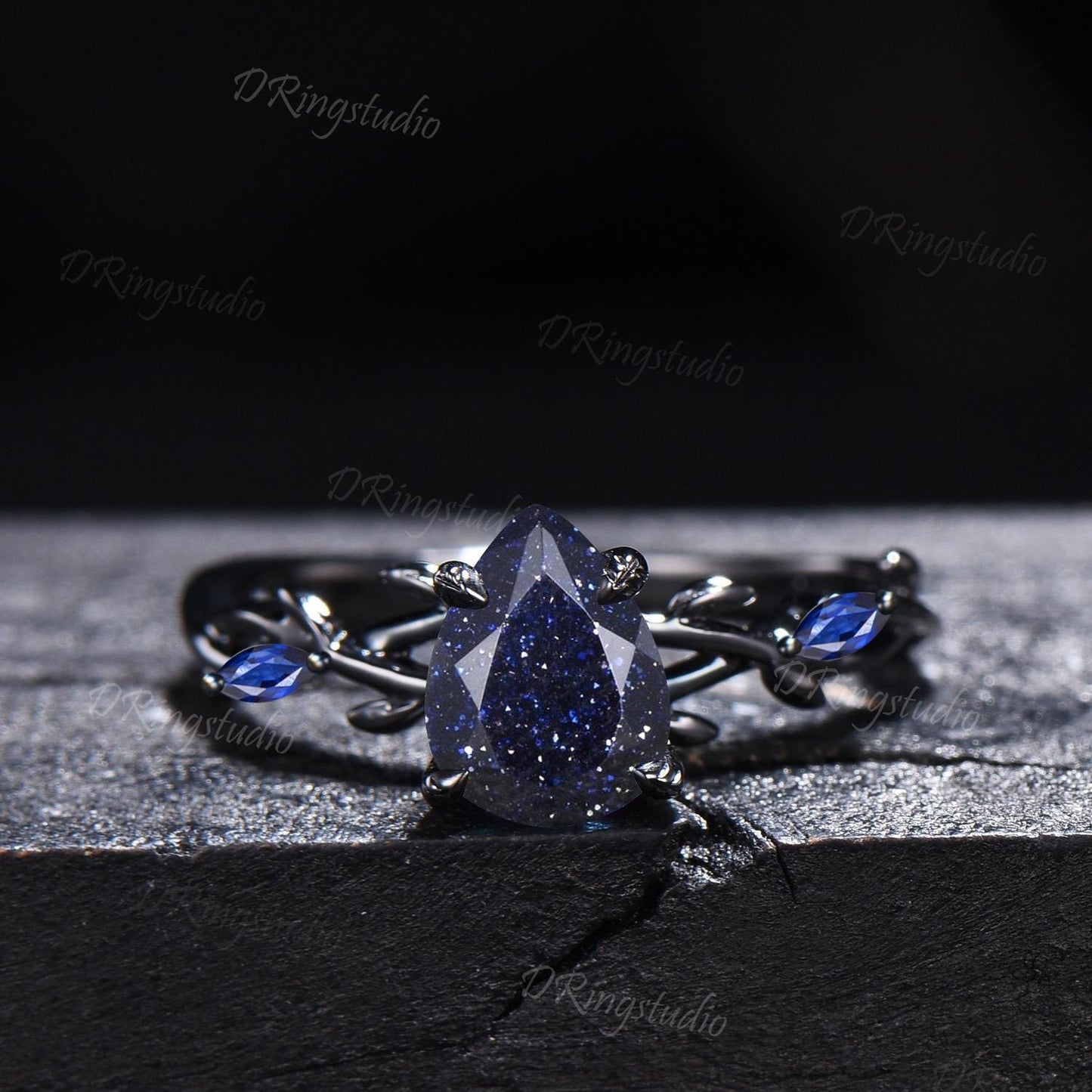 Black Gold Moon Galaxy Nebula Ring Gothic Black Leaf Vine Blue Sandstone Engagement Ring Set Cluster Blue Sapphire Promise Wedding Ring Gift