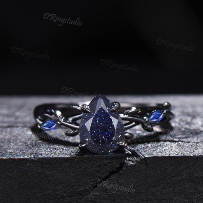 Black Gold Moon Galaxy Nebula Ring Gothic Black Leaf Vine Blue Sandstone Engagement Ring Set Cluster Blue Sapphire Promise Wedding Ring Gift
