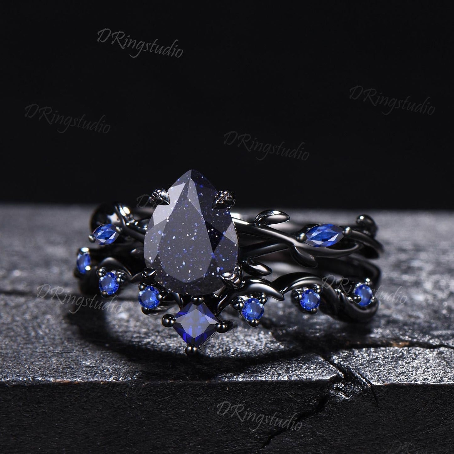 Black Gold Moon Galaxy Nebula Ring Gothic Black Leaf Vine Blue Sandstone Engagement Ring Set Cluster Blue Sapphire Promise Wedding Ring Gift