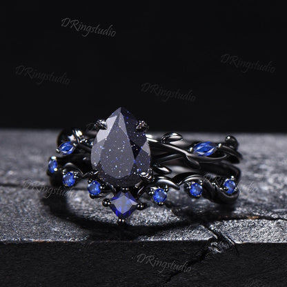Black Gold Moon Galaxy Nebula Ring Gothic Black Leaf Vine Blue Sandstone Engagement Ring Set Cluster Blue Sapphire Promise Wedding Ring Gift