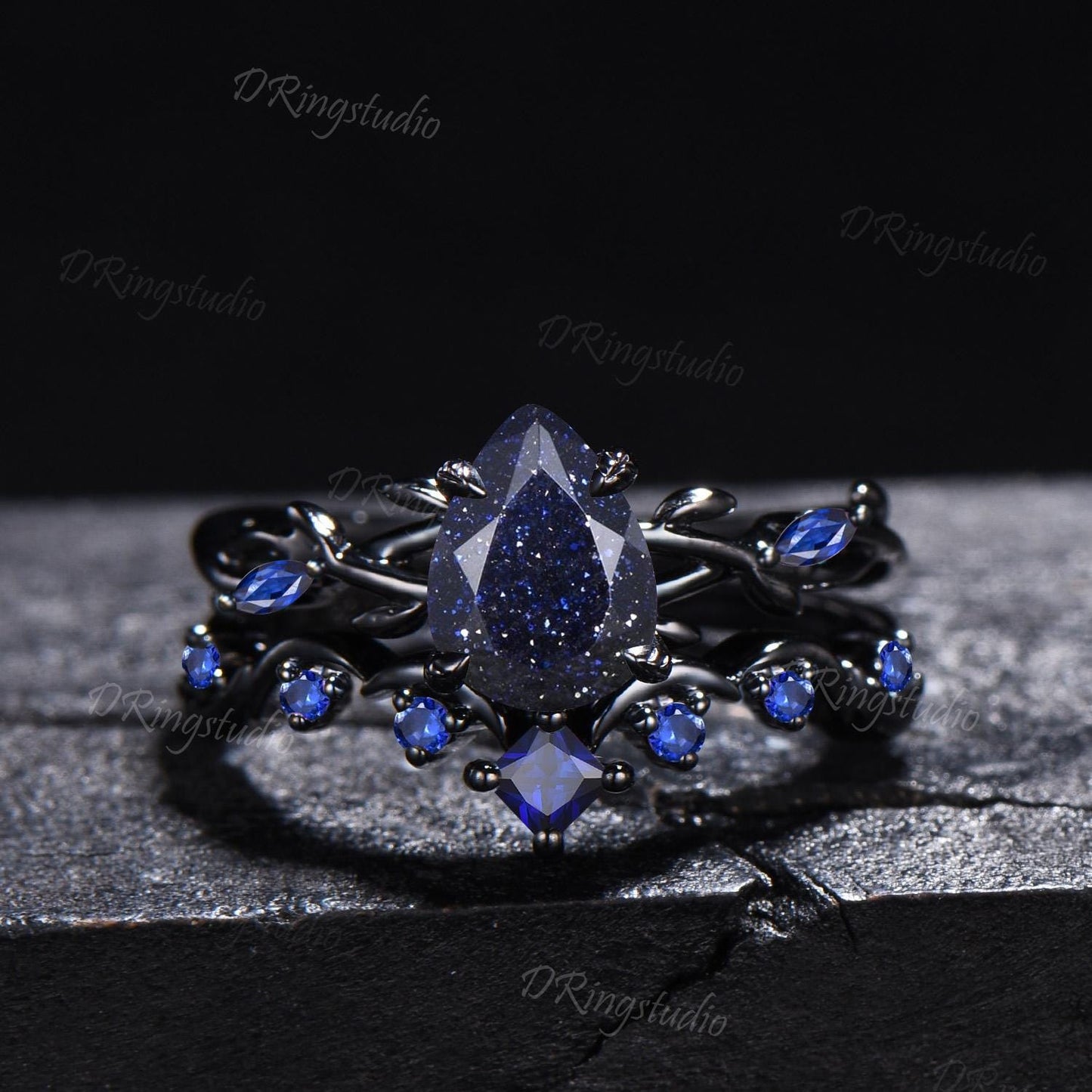Black Gold Moon Galaxy Nebula Ring Gothic Black Leaf Vine Blue Sandstone Engagement Ring Set Cluster Blue Sapphire Promise Wedding Ring Gift