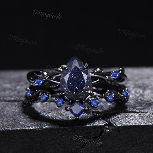 Black Gold Moon Galaxy Nebula Ring Gothic Black Leaf Vine Blue Sandstone Engagement Ring Set Cluster Blue Sapphire Promise Wedding Ring Gift