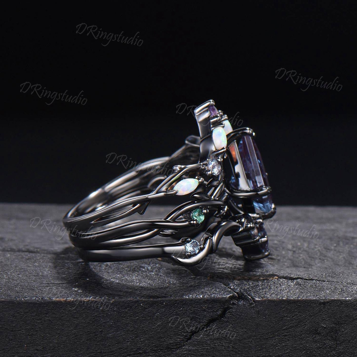 3pcs Gothic Black Moon Leaf Engagement Ring Set Black Rhodium Kite Cut Alexandrite Wedding Ring Celestial Moon Opal Amethyst Cluster Ring