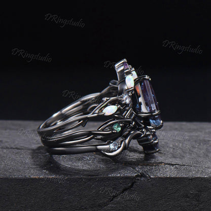 3pcs Gothic Black Moon Leaf Engagement Ring Set Black Rhodium Kite Cut Alexandrite Wedding Ring Celestial Moon Opal Amethyst Cluster Ring