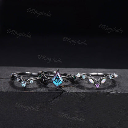 3pcs Gothic Black Moon Leaf Engagement Ring Set Black Rhodium Kite Cut Alexandrite Wedding Ring Celestial Moon Opal Amethyst Cluster Ring
