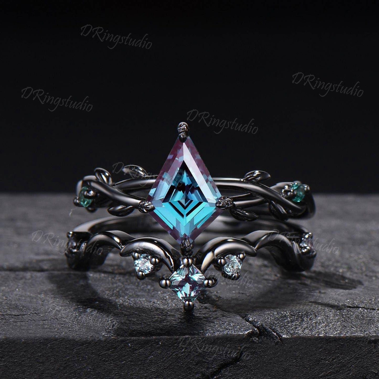 3pcs Gothic Black Moon Leaf Engagement Ring Set Black Rhodium Kite Cut Alexandrite Wedding Ring Celestial Moon Opal Amethyst Cluster Ring