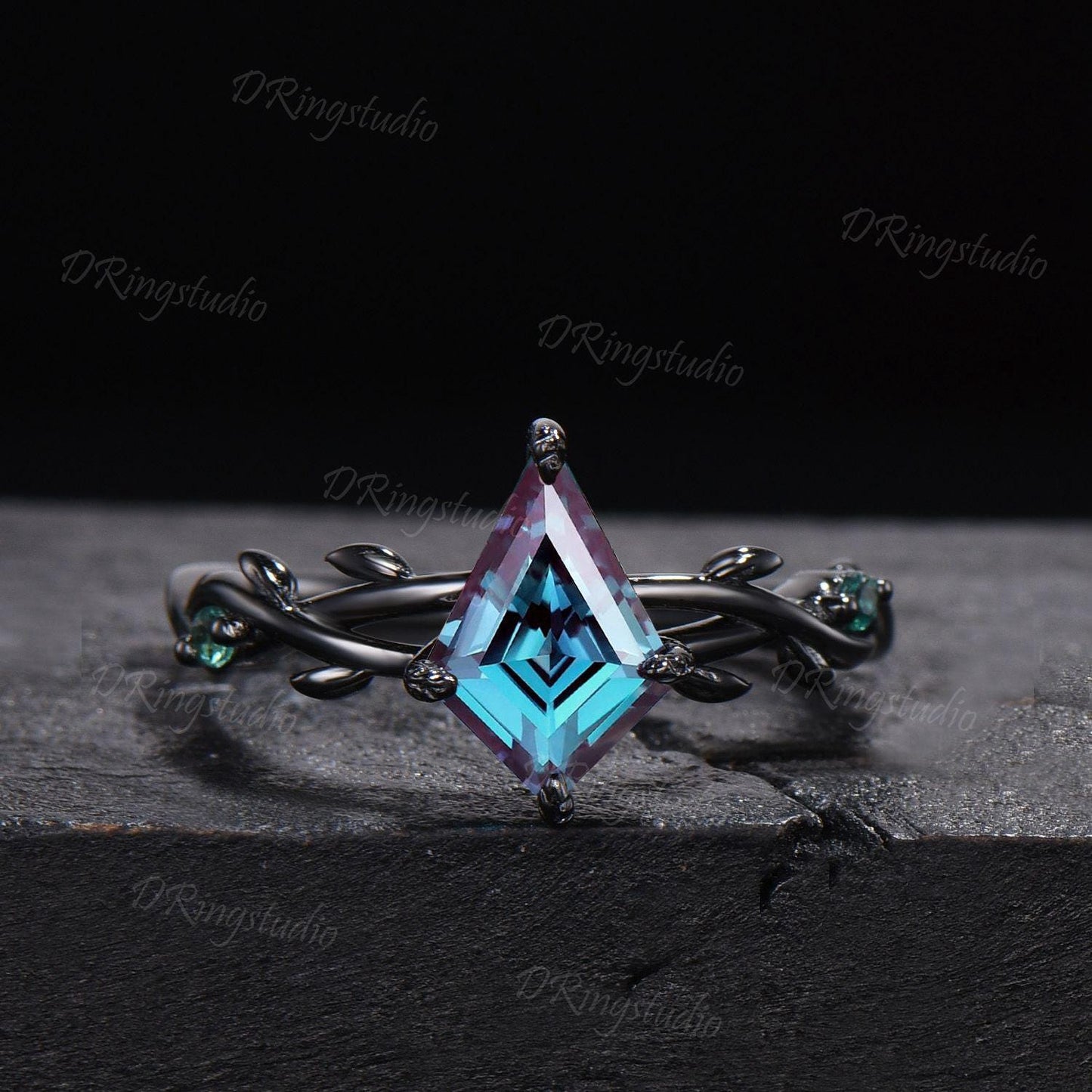 3pcs Gothic Black Moon Leaf Engagement Ring Set Black Rhodium Kite Cut Alexandrite Wedding Ring Celestial Moon Opal Amethyst Cluster Ring