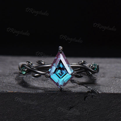 3pcs Gothic Black Moon Leaf Engagement Ring Set Black Rhodium Kite Cut Alexandrite Wedding Ring Celestial Moon Opal Amethyst Cluster Ring