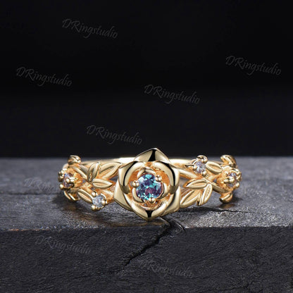 Nature inspired Round Diamond Engagement Ring Floral Wedding Ring Rose Gold Moissanite Ring Leaf Branch Bridal Set Anniversary Gift for Her