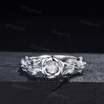 Nature inspired Round Diamond Engagement Ring Floral Wedding Ring Rose Gold Moissanite Ring Leaf Branch Bridal Set Anniversary Gift for Her