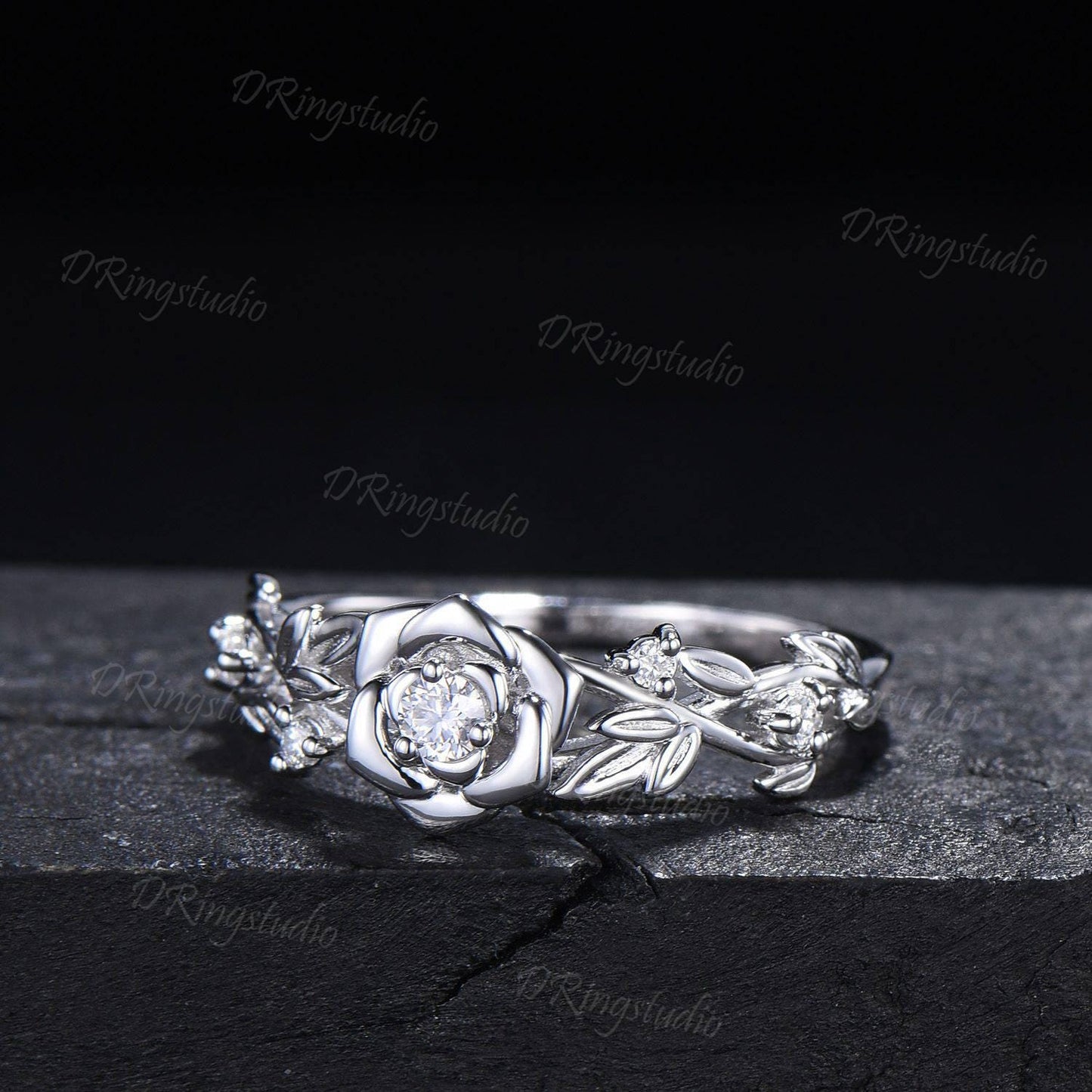 Nature inspired Round Diamond Engagement Ring Floral Wedding Ring Rose Gold Moissanite Ring Leaf Branch Bridal Set Anniversary Gift for Her