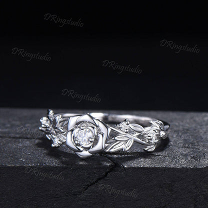 Nature inspired Round Diamond Engagement Ring Floral Wedding Ring Rose Gold Moissanite Ring Leaf Branch Bridal Set Anniversary Gift for Her