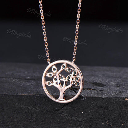 Dainty Rose Gold Family Tree Necklace Art Deco Cluster Green Emerald Pendant Necklace Tree Of Life May Birthstone Pendant Mother's Day Gift