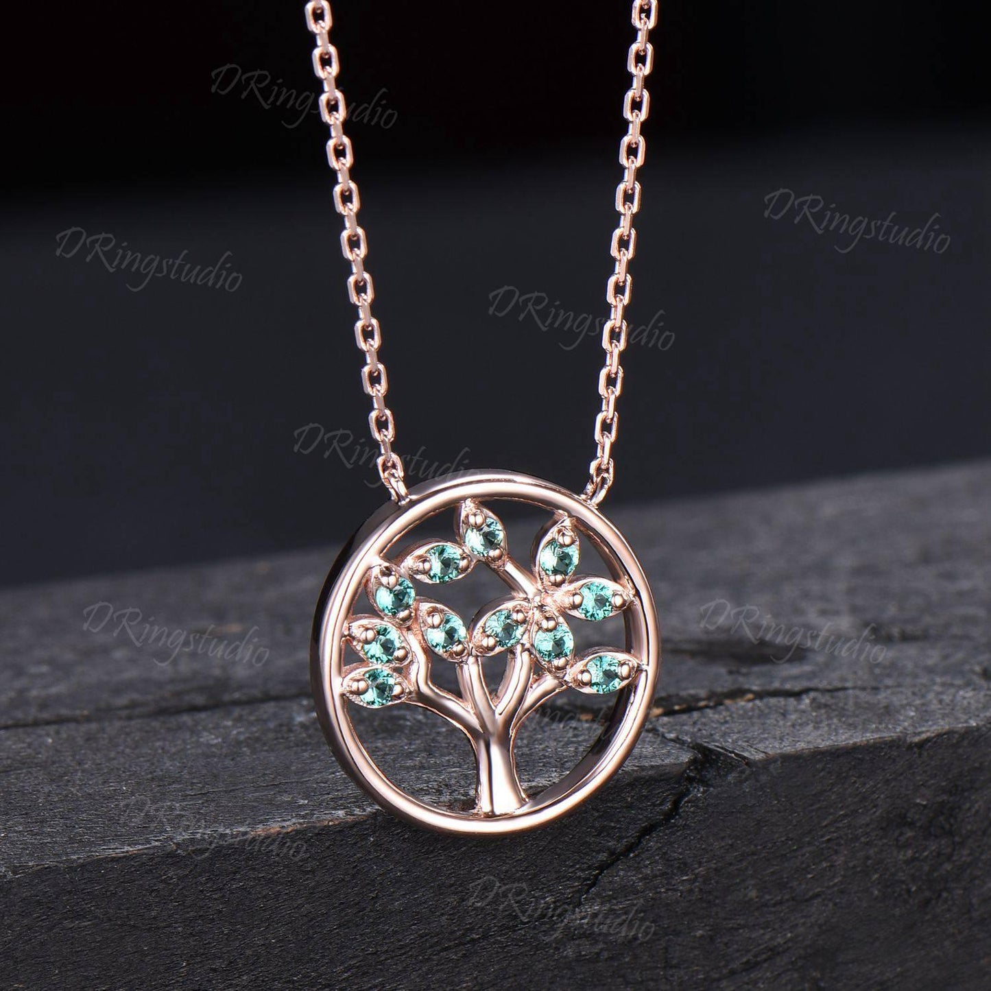 Dainty Rose Gold Family Tree Necklace Art Deco Cluster Green Emerald Pendant Necklace Tree Of Life May Birthstone Pendant Mother's Day Gift