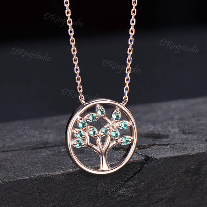 Dainty Rose Gold Family Tree Necklace Art Deco Cluster Green Emerald Pendant Necklace Tree Of Life May Birthstone Pendant Mother's Day Gift