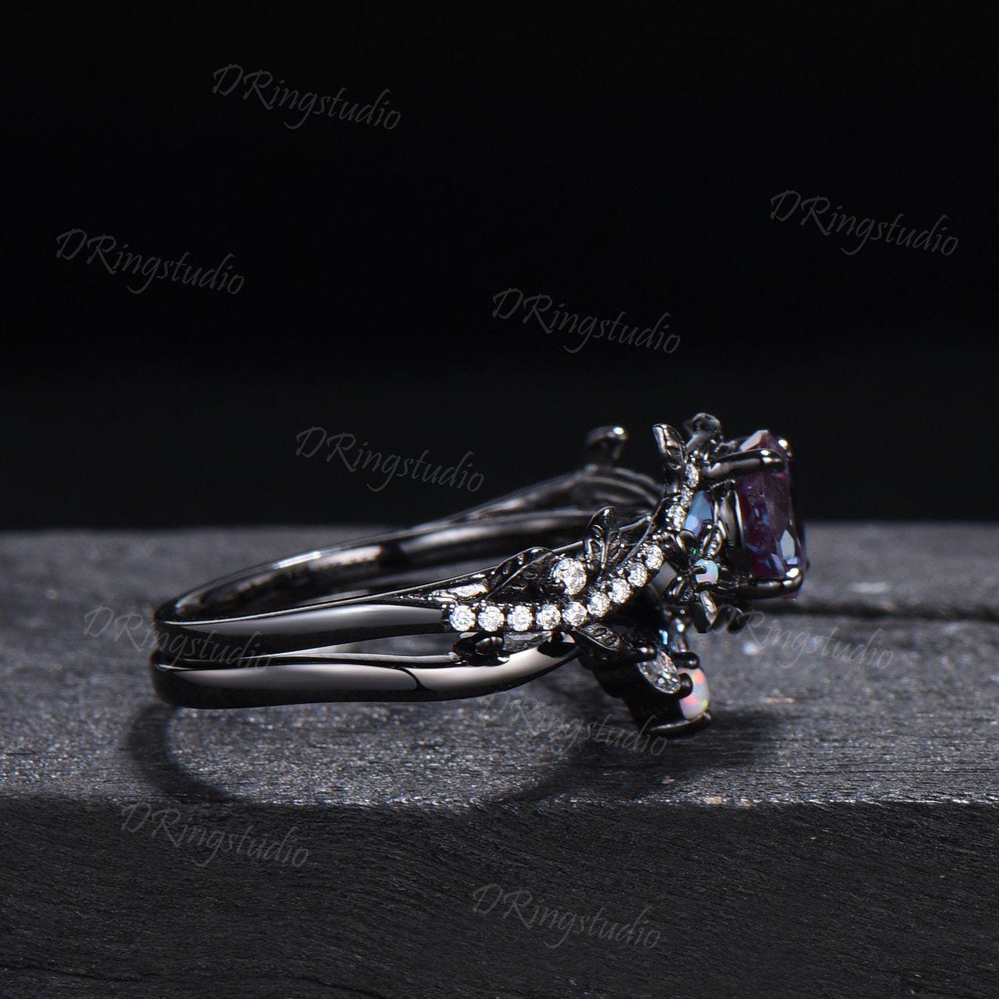 Black Gold Floral Wedding Ring Set Nature Inspired Round Alexandrite Engagement Ring Twist Leaf Moissanite Cluster Bridal Set Proposal Gift