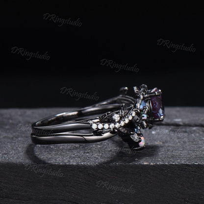 Black Gold Floral Wedding Ring Set Nature Inspired Round Alexandrite Engagement Ring Twist Leaf Moissanite Cluster Bridal Set Proposal Gift