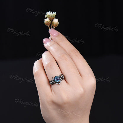 Black Gold Floral Wedding Ring Set Nature Inspired Round Alexandrite Engagement Ring Twist Leaf Moissanite Cluster Bridal Set Proposal Gift