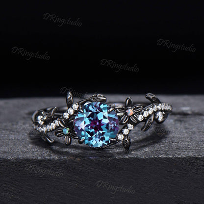 Black Gold Floral Wedding Ring Set Nature Inspired Round Alexandrite Engagement Ring Twist Leaf Moissanite Cluster Bridal Set Proposal Gift