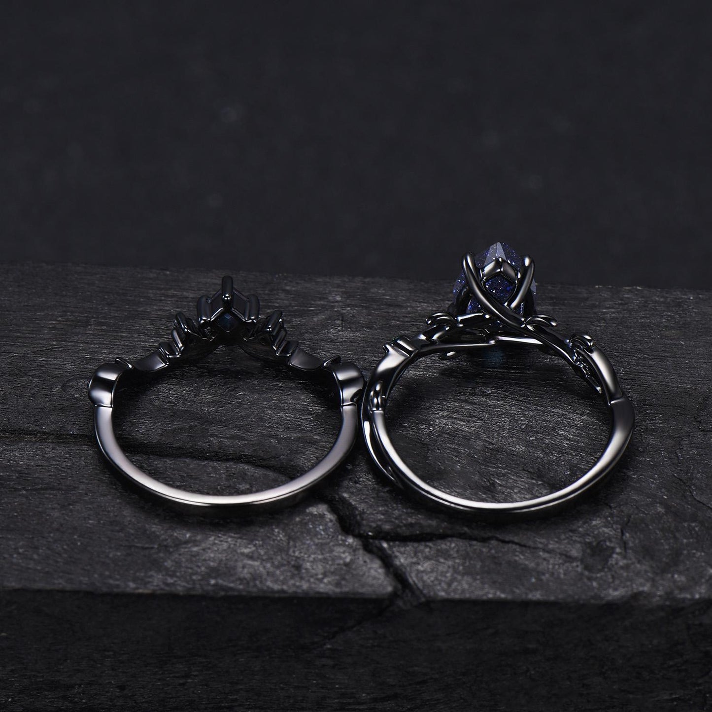 Black Gold Moon Galaxy Nebula Ring Gothic Black Leaf Vine Blue Sandstone Engagement Ring Set Cluster Blue Sapphire Promise Wedding Ring Gift