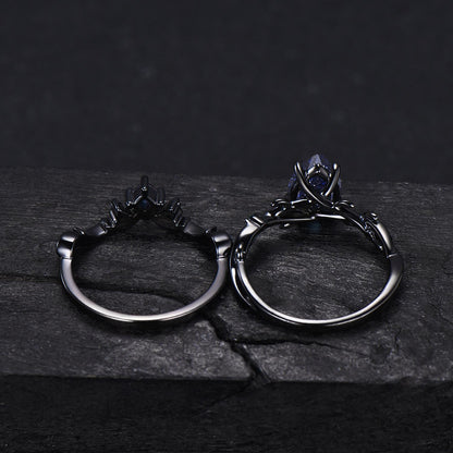 Black Gold Moon Galaxy Nebula Ring Gothic Black Leaf Vine Blue Sandstone Engagement Ring Set Cluster Blue Sapphire Promise Wedding Ring Gift