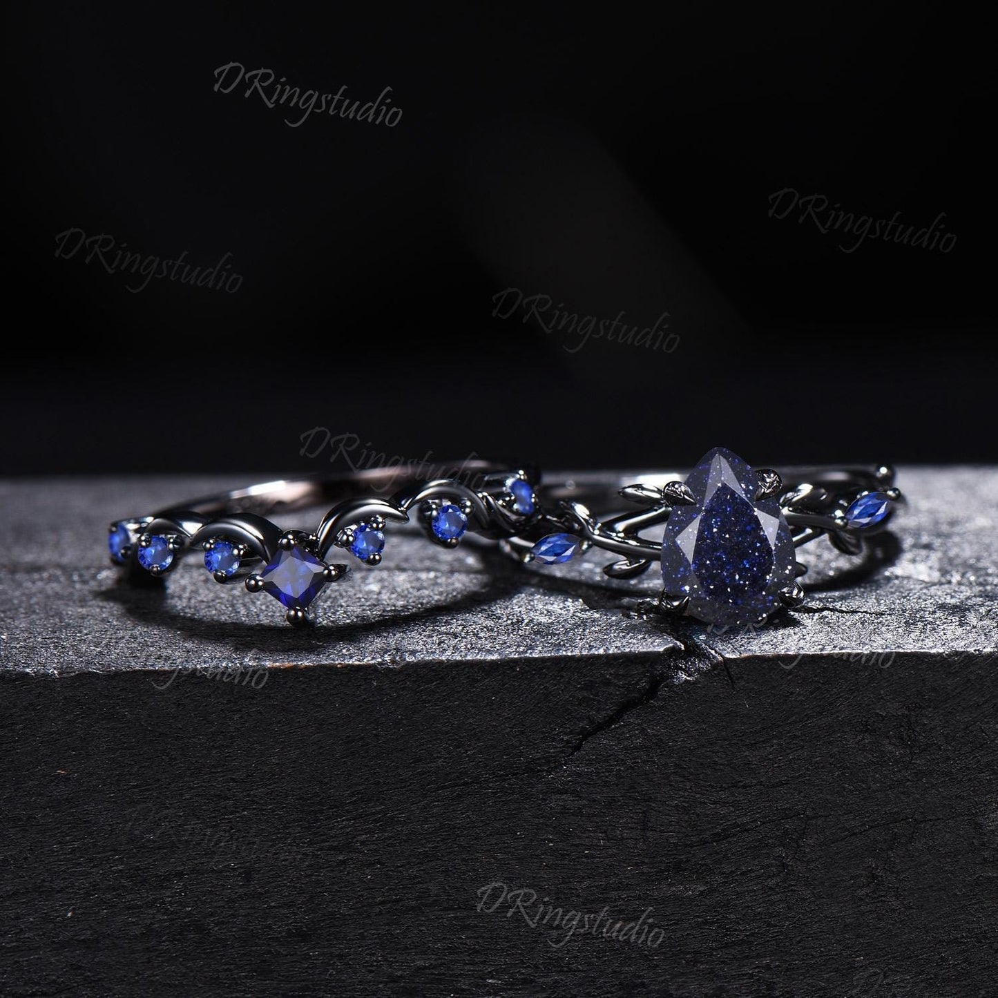 Black Gold Moon Galaxy Nebula Ring Gothic Black Leaf Vine Blue Sandstone Engagement Ring Set Cluster Blue Sapphire Promise Wedding Ring Gift