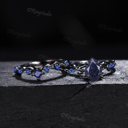 Black Gold Moon Galaxy Nebula Ring Gothic Black Leaf Vine Blue Sandstone Engagement Ring Set Cluster Blue Sapphire Promise Wedding Ring Gift