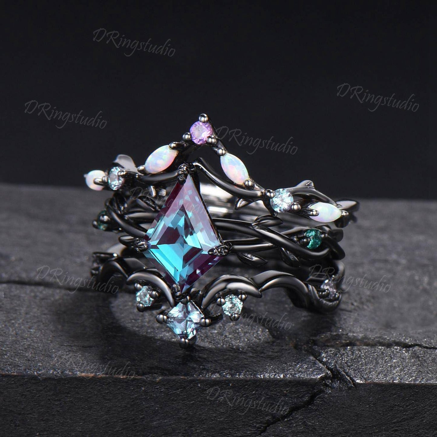 3pcs Gothic Black Moon Leaf Engagement Ring Set Black Rhodium Kite Cut Alexandrite Wedding Ring Celestial Moon Opal Amethyst Cluster Ring