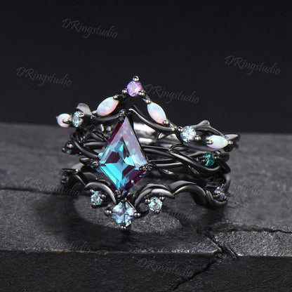 3pcs Gothic Black Moon Leaf Engagement Ring Set Black Rhodium Kite Cut Alexandrite Wedding Ring Celestial Moon Opal Amethyst Cluster Ring