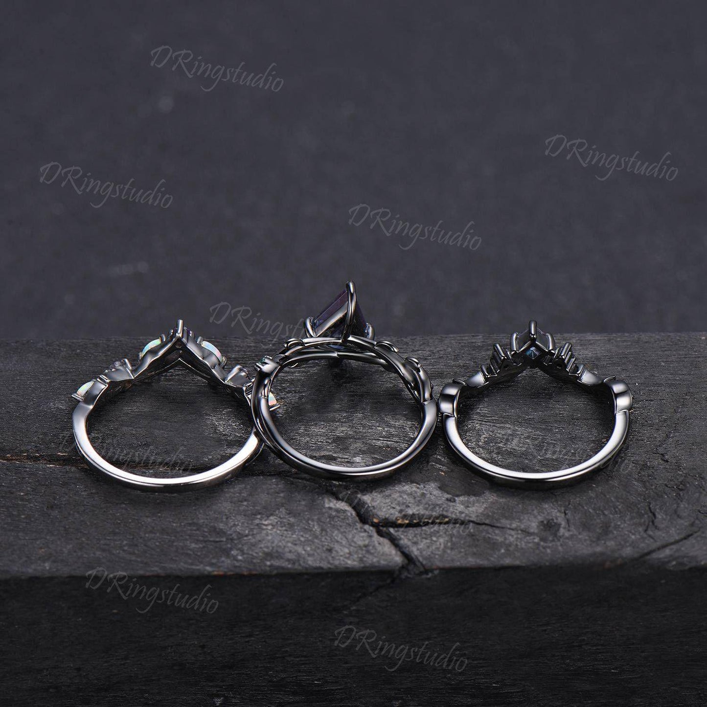 3pcs Gothic Black Moon Leaf Engagement Ring Set Black Rhodium Kite Cut Alexandrite Wedding Ring Celestial Moon Opal Amethyst Cluster Ring