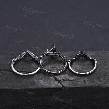 3pcs Gothic Black Moon Leaf Engagement Ring Set Black Rhodium Kite Cut Alexandrite Wedding Ring Celestial Moon Opal Amethyst Cluster Ring