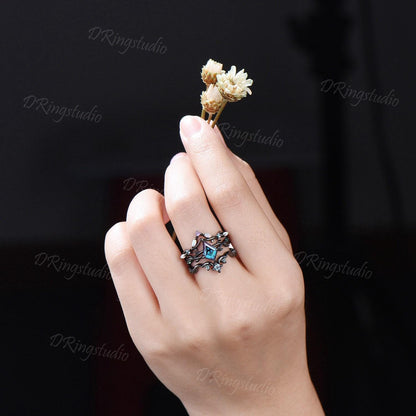 3pcs Gothic Black Moon Leaf Engagement Ring Set Black Rhodium Kite Cut Alexandrite Wedding Ring Celestial Moon Opal Amethyst Cluster Ring