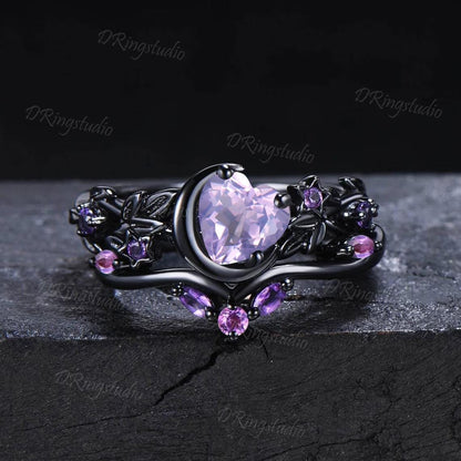 Heart Shaped Lavender Amethyst Engagement Ring Set Black Gold Moon Star Nebula Ring Amethyst Cluster Wedding Ring February Birthstone Ring
