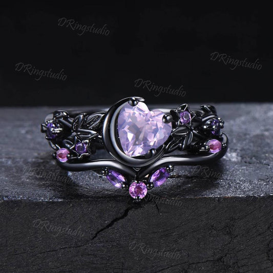 Heart Shaped Lavender Amethyst Engagement Ring Set Black Gold Moon Star Nebula Ring Amethyst Cluster Wedding Ring February Birthstone Ring