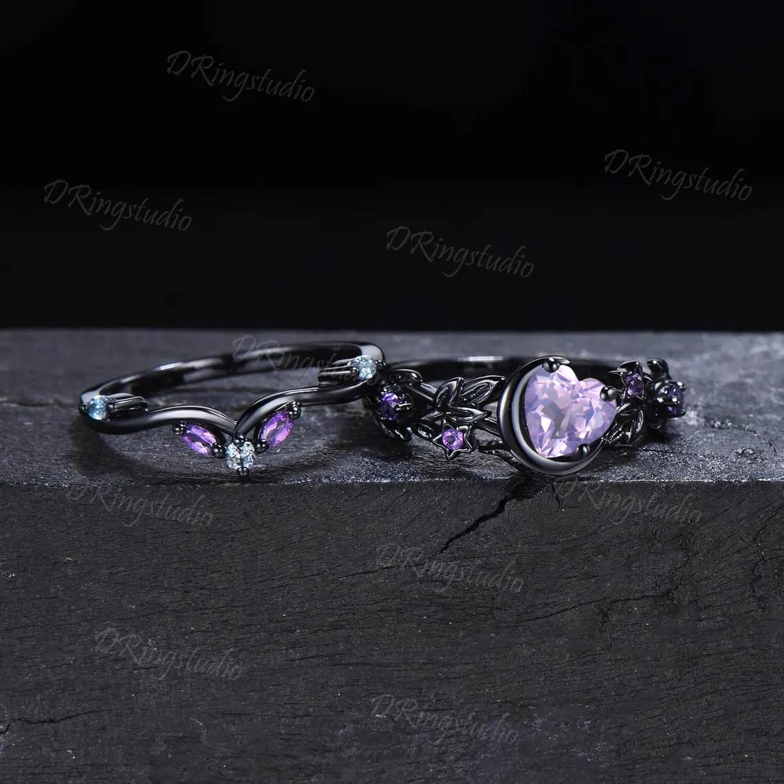 Heart Shaped Lavender Amethyst Engagement Ring Set Black Gold Moon Star Nebula Ring Amethyst Cluster Wedding Ring February Birthstone Ring