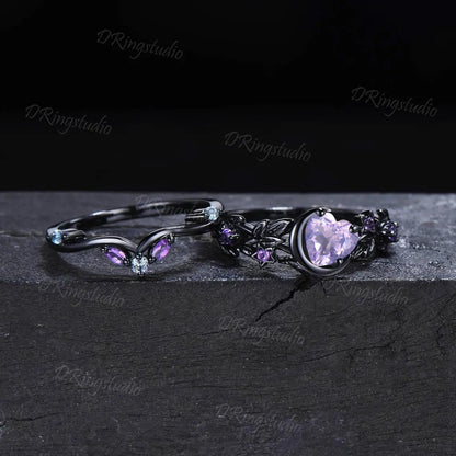 Heart Shaped Lavender Amethyst Engagement Ring Set Black Gold Moon Star Nebula Ring Amethyst Cluster Wedding Ring February Birthstone Ring