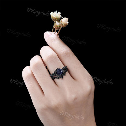Black Gold Nebula Galaxy Ring Celestial Moon Blue Sandstone Engagement Ring Gothic Black Leaf Wedding Ring Cluster Black Spinel Promise Ring