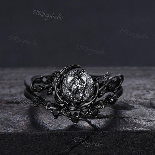 Celestial Moon Black Rutilated Quartz Engagement Ring Set Black Gold Wedding Ring Set Gothic Black Nature Inspired Twig Leaf 2pcs Bridal Set