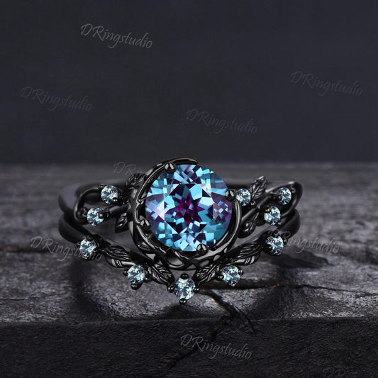 2ct Round Cut Alexandrite Engagement Ring Gothic Black Moon Promise Wedding Ring Set Black Gold Leaf Ring 2pcs Bridal Ring Set Proposal Gift