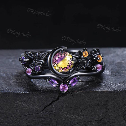 Black Gold Ametrine Ring Set Black Moon Star Galaxy Nebula Crystal Wedding Ring Set Cluster Citrine Amethyst Engagement Ring Leaf Bridal Set