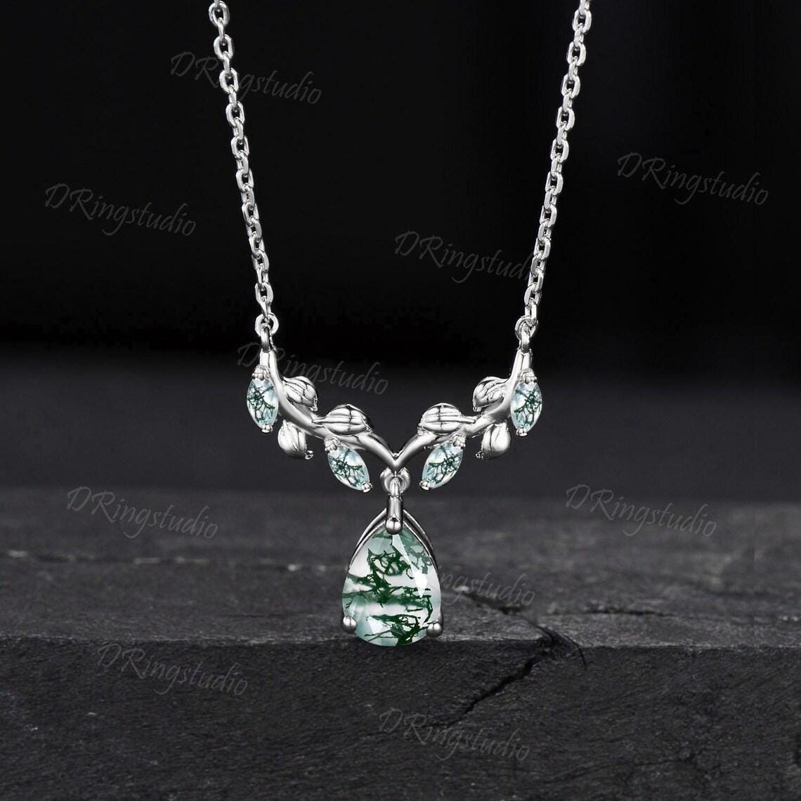 Teardrop Moss Agate Necklace Earrings Jewelry Set 14k Rose Gold Nature Inspired Leaf Necklace Branch Leaf Green Moss Drop Earrings Jewelry