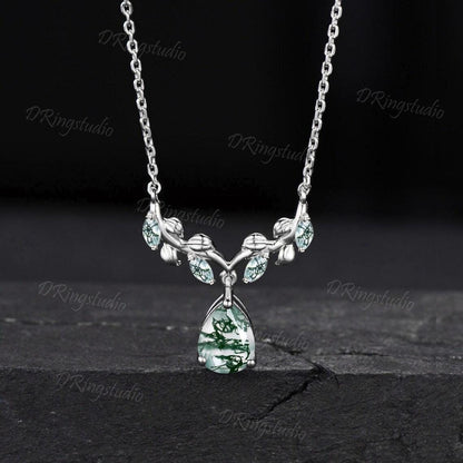Teardrop Moss Agate Necklace Earrings Jewelry Set 14k Rose Gold Nature Inspired Leaf Necklace Branch Leaf Green Moss Drop Earrings Jewelry