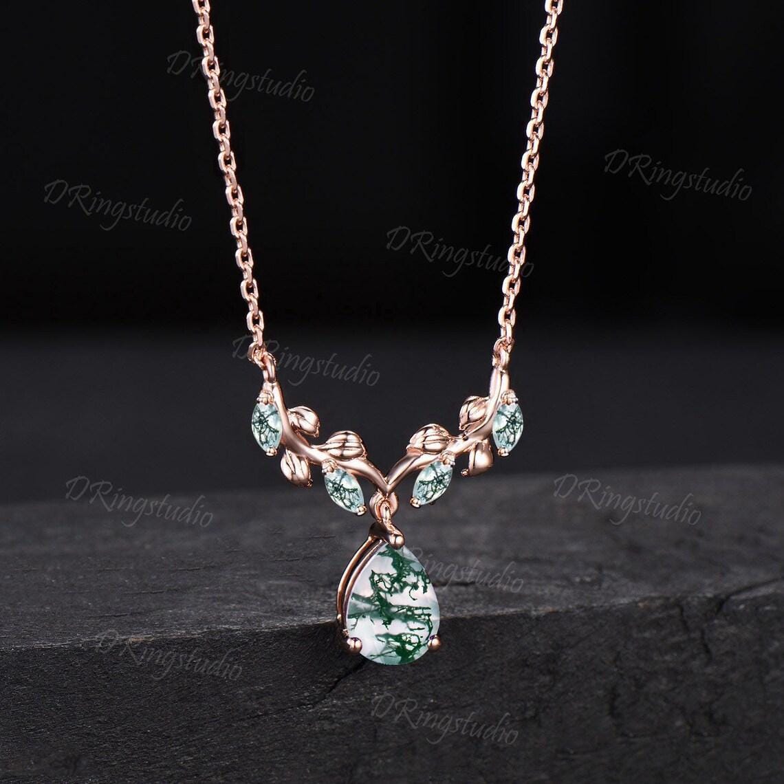 Teardrop Moss Agate Necklace Earrings Jewelry Set 14k Rose Gold Nature Inspired Leaf Necklace Branch Leaf Green Moss Drop Earrings Jewelry