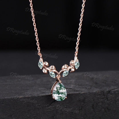 Teardrop Moss Agate Necklace Earrings Jewelry Set 14k Rose Gold Nature Inspired Leaf Necklace Branch Leaf Green Moss Drop Earrings Jewelry